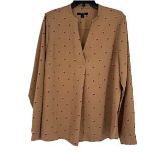 J Jill Wearever Pleated Popover Top Tan Brown Polka Dot Long Sleeve Size L Tall